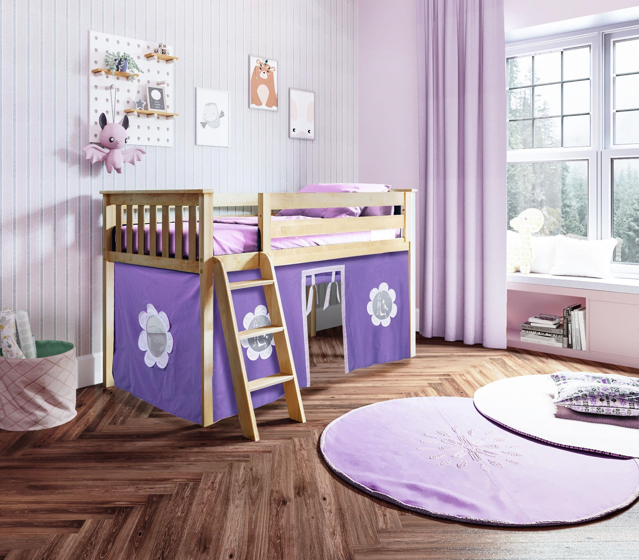 Jackpot Kids Loft Beds York3 002 York 3 Low Loft Bed in White w Angle Ladder w Curtains in Purple White Belfort Furniture Loft Beds